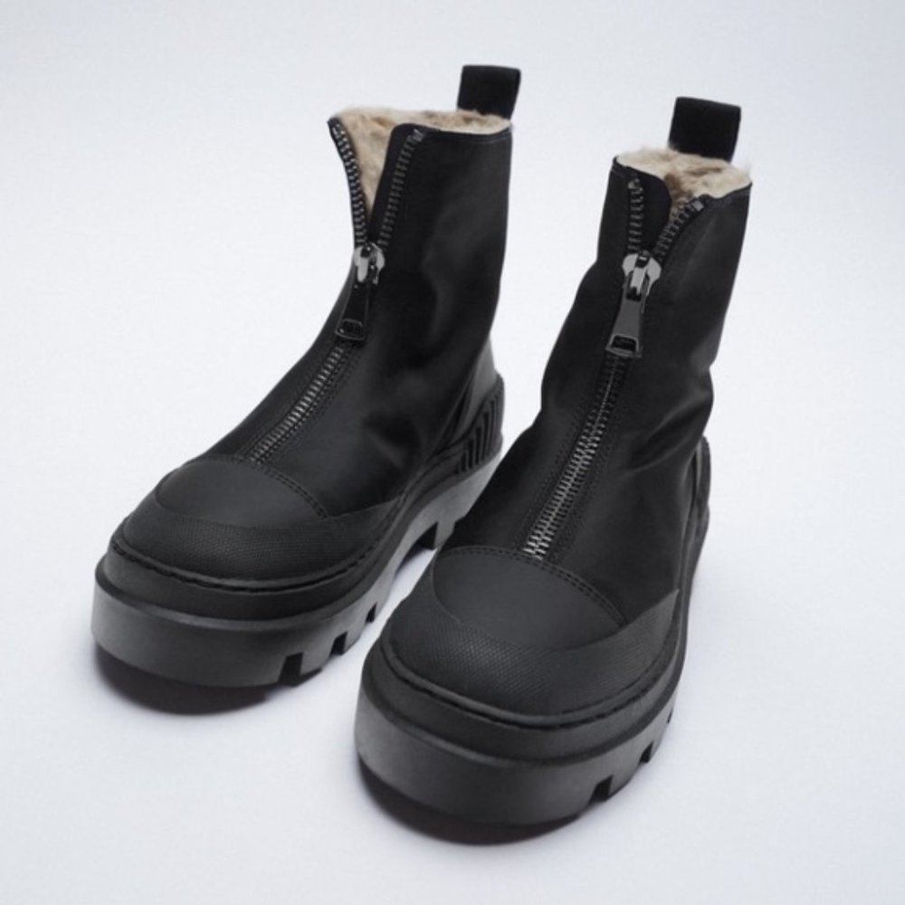 NWOB Zara Black Front Zipper Ankle Boots Faux Fur Lining Size US 6.5 EU 37